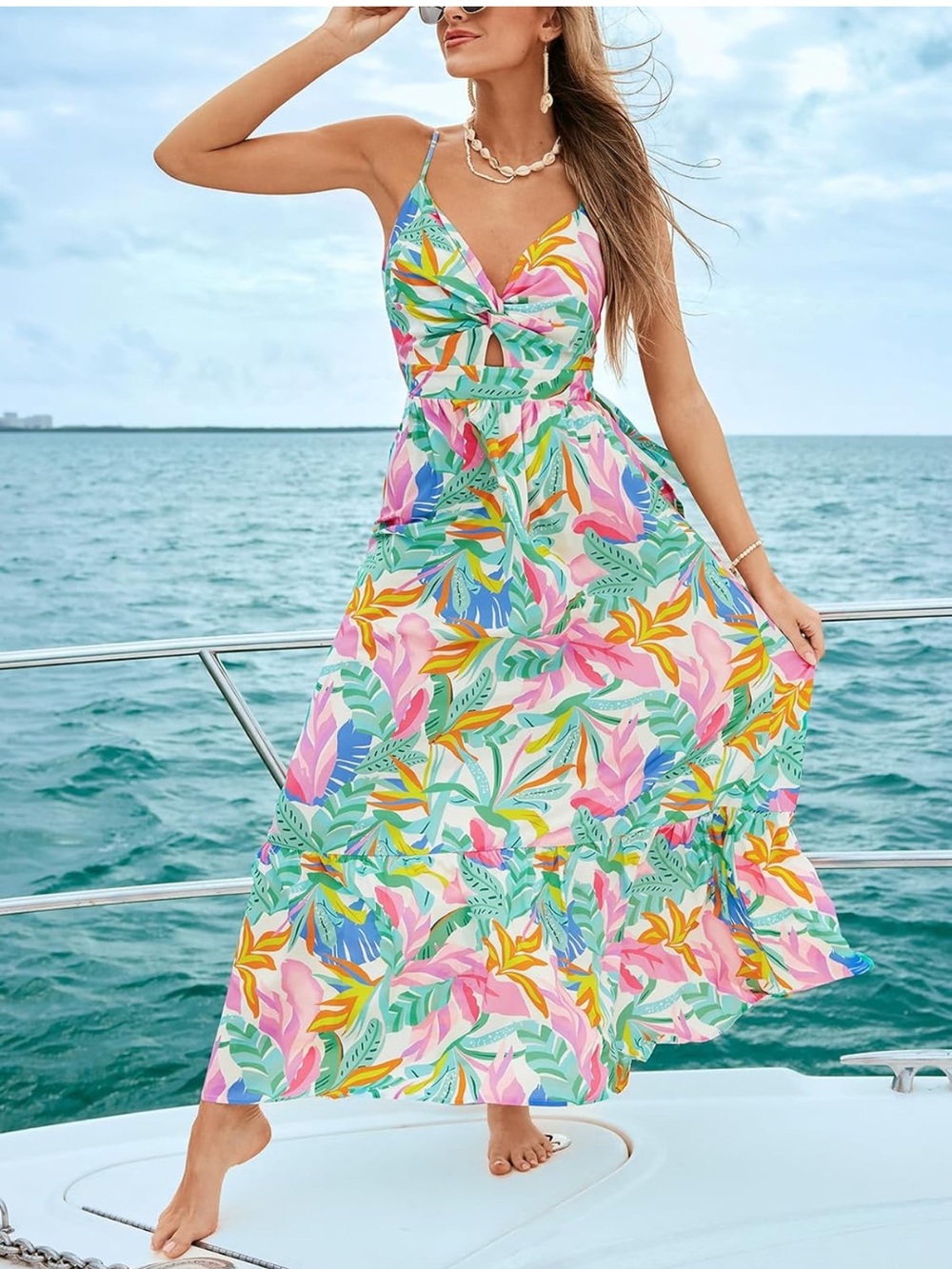 Cupshe Multicolor Tropical Floral Maxi Coverup in Pink, Teal & Yellow